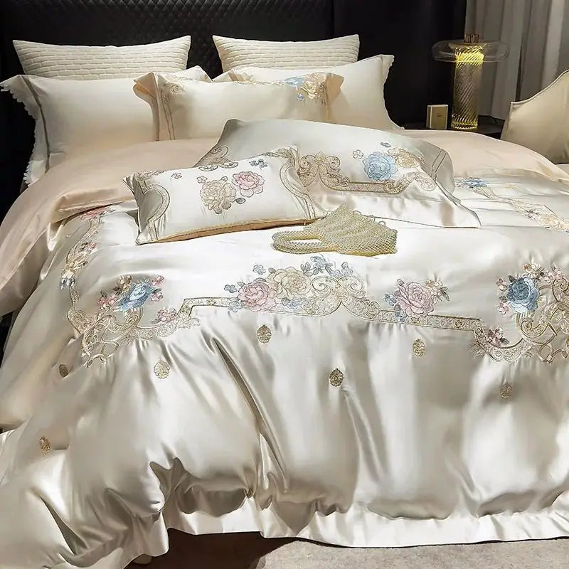 DecorBites™ Luxe Brocade Cotton Flowers Embroidery Bedding Set Cream/Champagne Patchwork