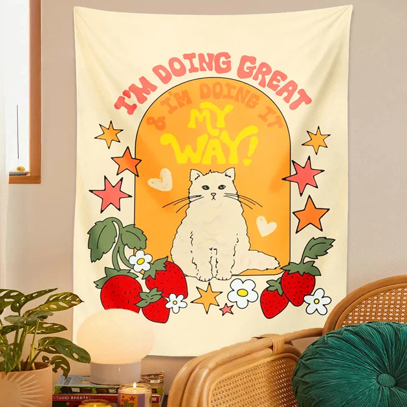 DecorBites™ Cute Cat Star Strawberry Tapestry Wall Hanging for Boho Home Decor