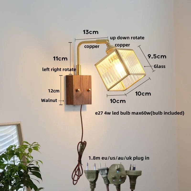 DecorBites™ LED Walnut Wood Cube Glass Wall Light with Pull Chain Switch