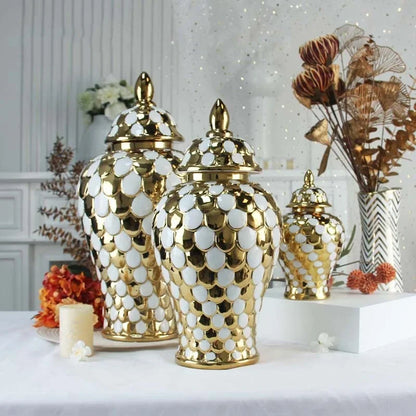 DecorBites™ Geometric Golden Porcelain Jar - Home Decor Vase & Storage Tank