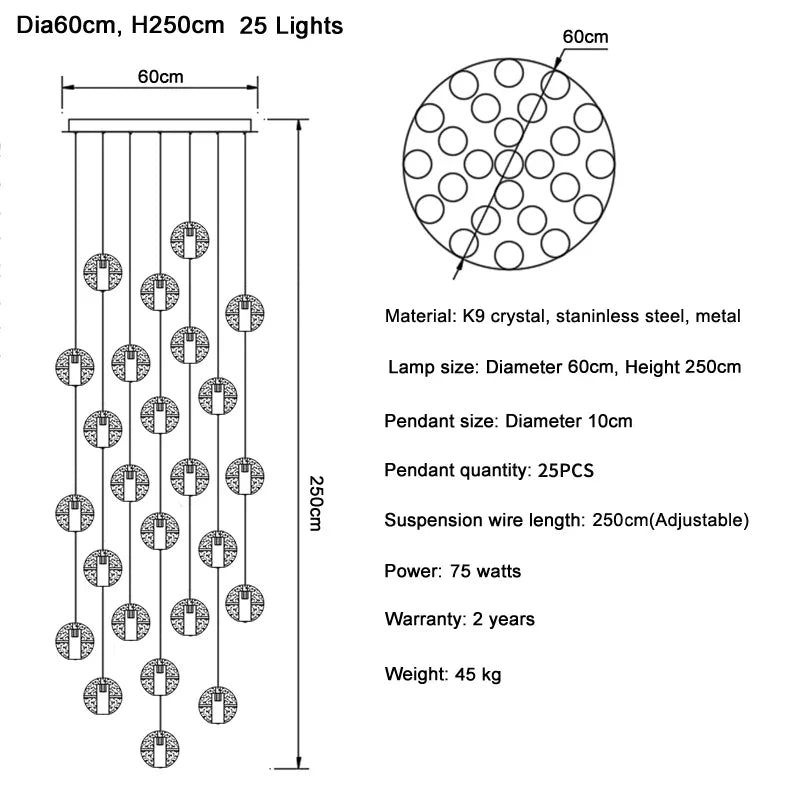 DecorBites™ Crystal Ball LED Chandelier Pendant Light for Living Room Kitchen Stair Salon