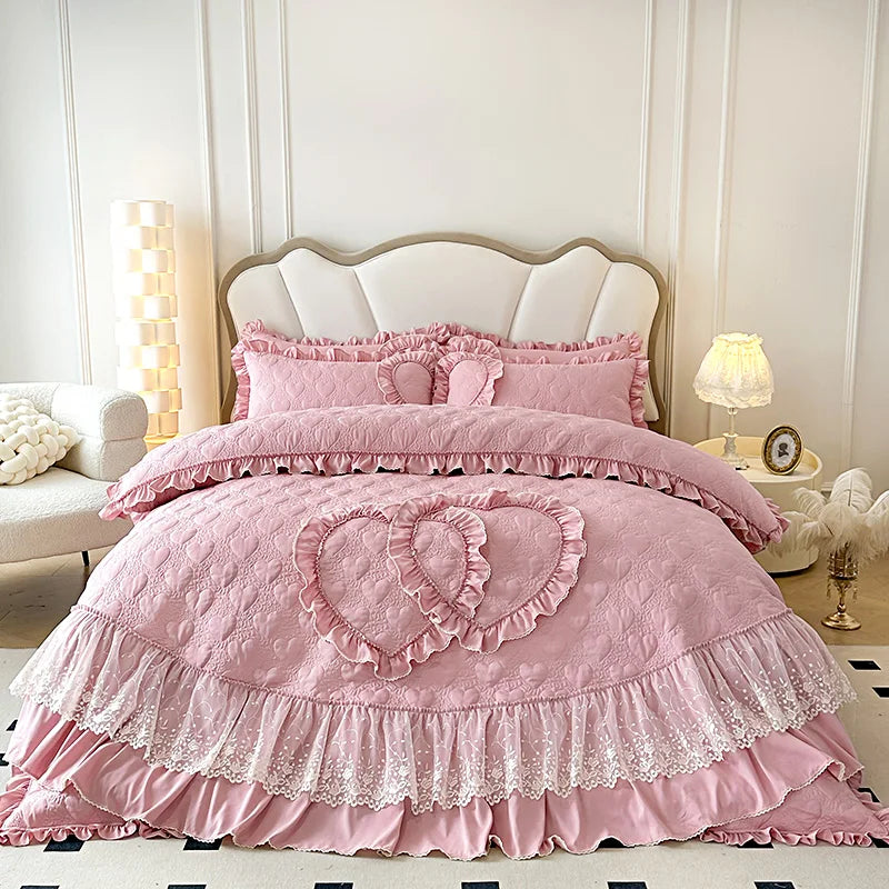 DecorBites™ Korean Princess Style Bedding Set with Lace Ruffles and Love Theme