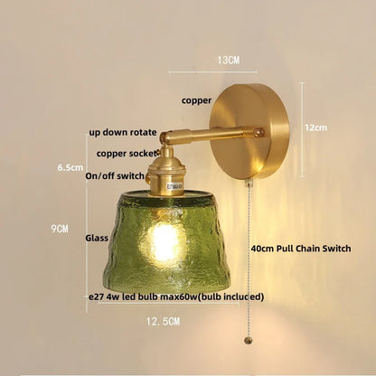 DecorBites™ Clear Glass LED Wall Lights Brass E27 Pull Chain Switch Bedside Lamp