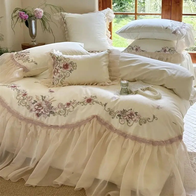 DecorBites™ Elegant Flowers Embroidery Lace Princess Wedding Bedding Set - 1200TC Cotton Duvet Cover