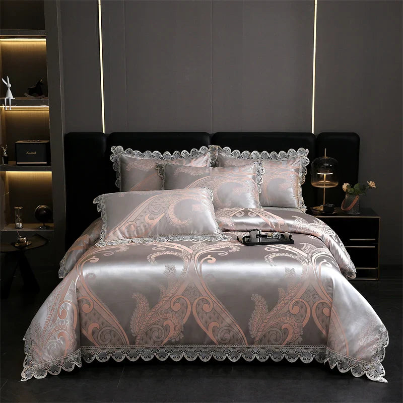 DecorBites™ Golden Jacquard Cotton Lace Bedding Set - Silky Soft Duvet Cover, Flat Sheet, Pillowcase