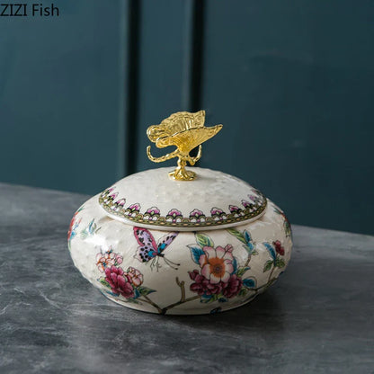 DecorBites™ Dragonfly Lid Ceramic Jewelry Box - Round Floral Pattern Storage Jar