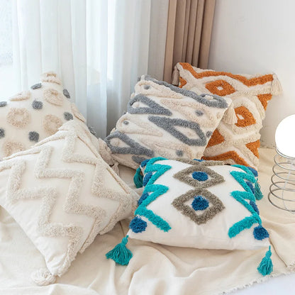 DecorBites™ Geometric Tufted Tassel Pillow Cover - Handcrafted Boho Chic Cushion Cover