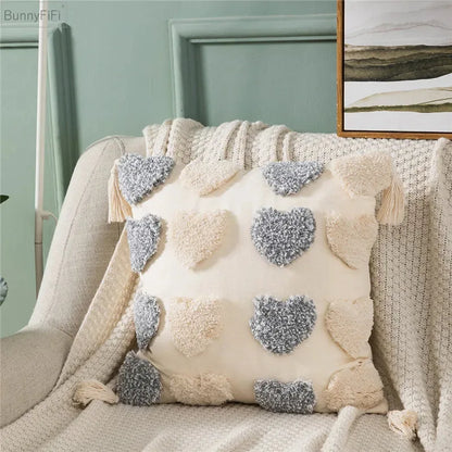 DecorBites™ Heart Embroidery Cushion Cover 45x45cm Orange Grey Geometric Pillowcase