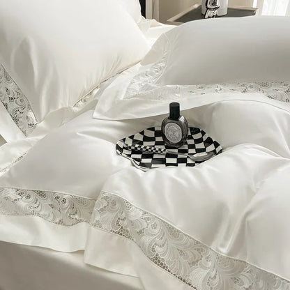 DecorBites™ Lace Embroidery 1200TC Egyptian Cotton 4Pcs Bedding Set with Wide Hollow Design