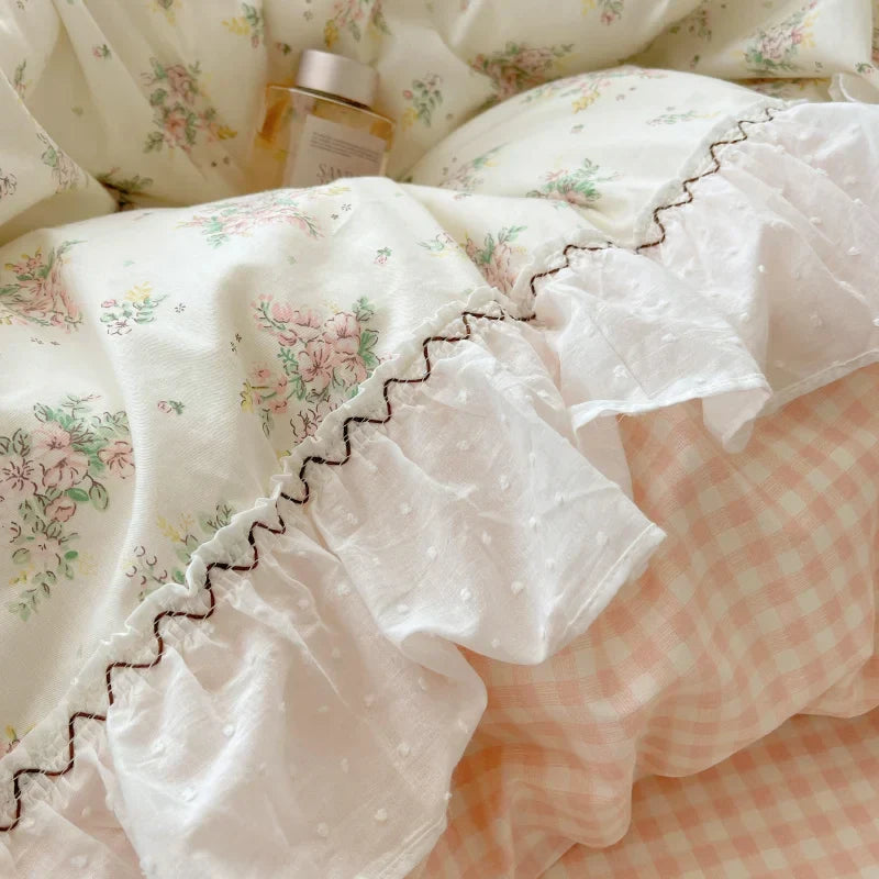 DecorBites™ Cotton Small Florals Princess Bedding Set - Queen Size - Duver Cover Bed Sheet Bed Skirt Pillowcases