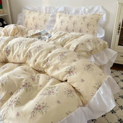 DecorBites™ Korean Lace Bedding Set, Full Double Size, Washed Cotton, Soft Bedclothes