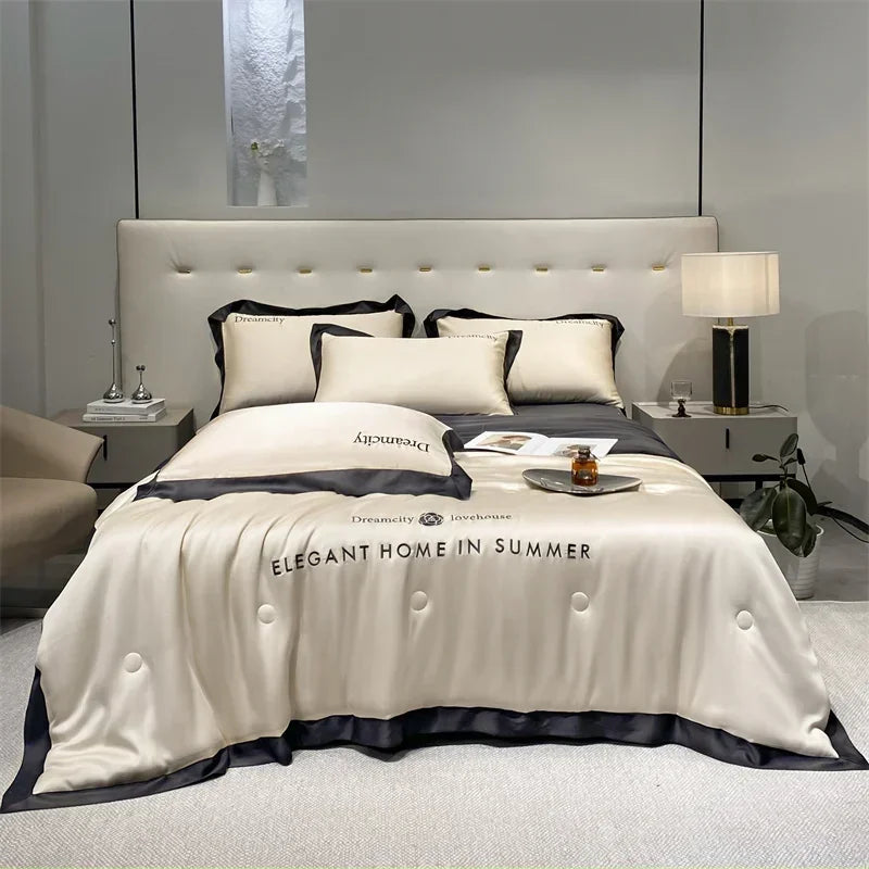 DecorBites™ Ice Silk Embroidered Quilt Set: Luxury European Style, Cooling Comforter
