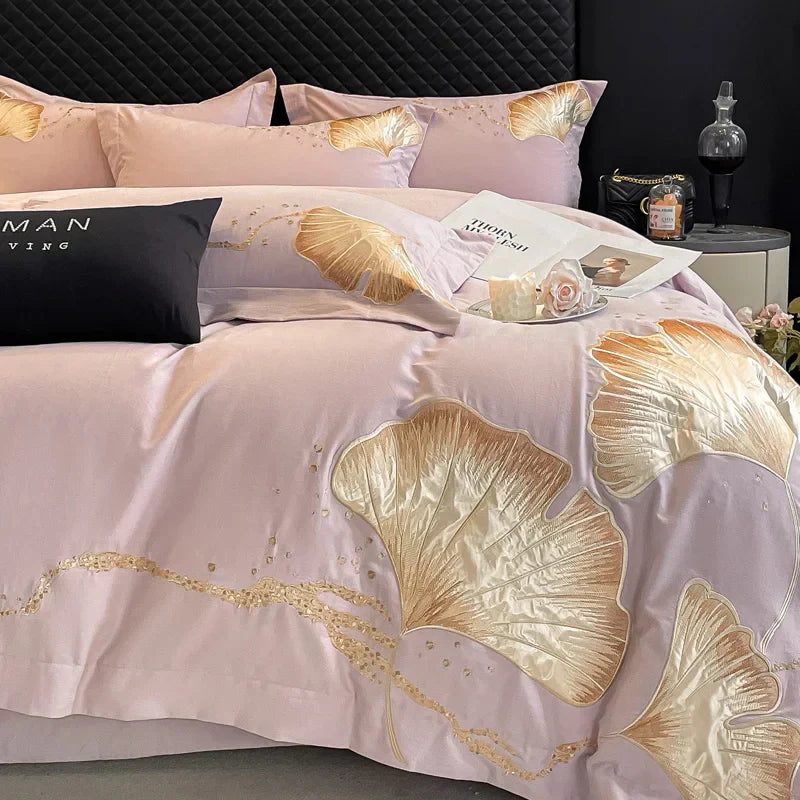 DecorBites™ Gold Ginkgo Leaf Embroidery Bedding Set - 100% Cotton Luxury 4Pcs