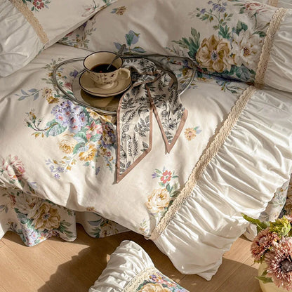 DecorBites™ French Pastoral Princess Lace Bedding Set with Ruffles, 100% Cotton, Queen King