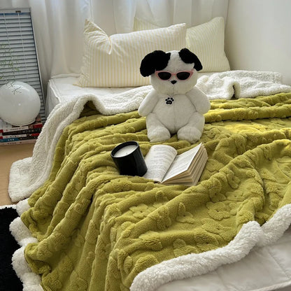 DecorBites™ Cozy Lamb Wool Flower Jacquard Blanket: Luxe Solid Color Sofa Quilt for Winter