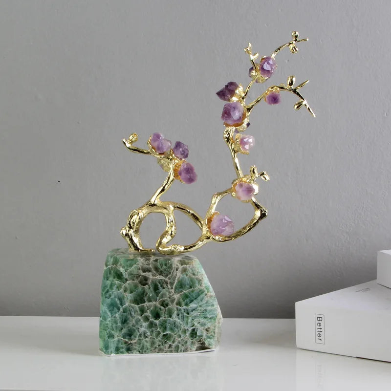 DecorBites™ Amethyst Brass Tree Ornament Crystal Simulation Plant Sculpture Home Decoration