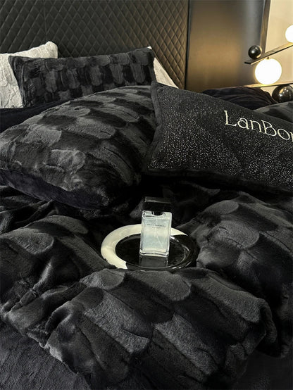 DecorBites™ Cozy Faux Rabbit Fur Bedding Set in Black & Grey: Duvet, Sheets, Pillowcases