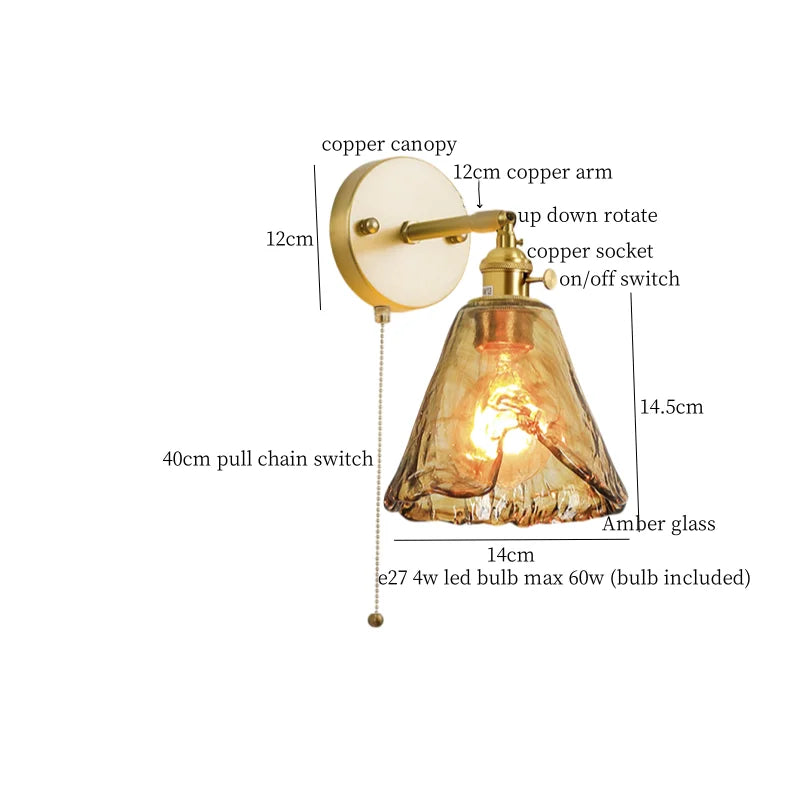 Amber Glass Wall Lamp Pull Chain Switch