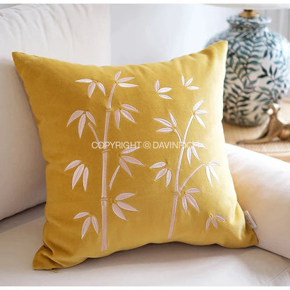 DecorBites™ Bamboo Embroidered Fringed Velvet Lumbar Pillow Cover 30x50cm Luxurious Artistic Oriental Style