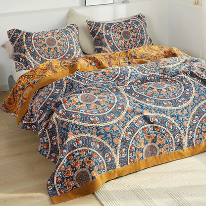 DecorBites™ Cotton Picnic Blanket/Bedspread - Double Bed 150 Flowers Blue, High Quality Pillowcases