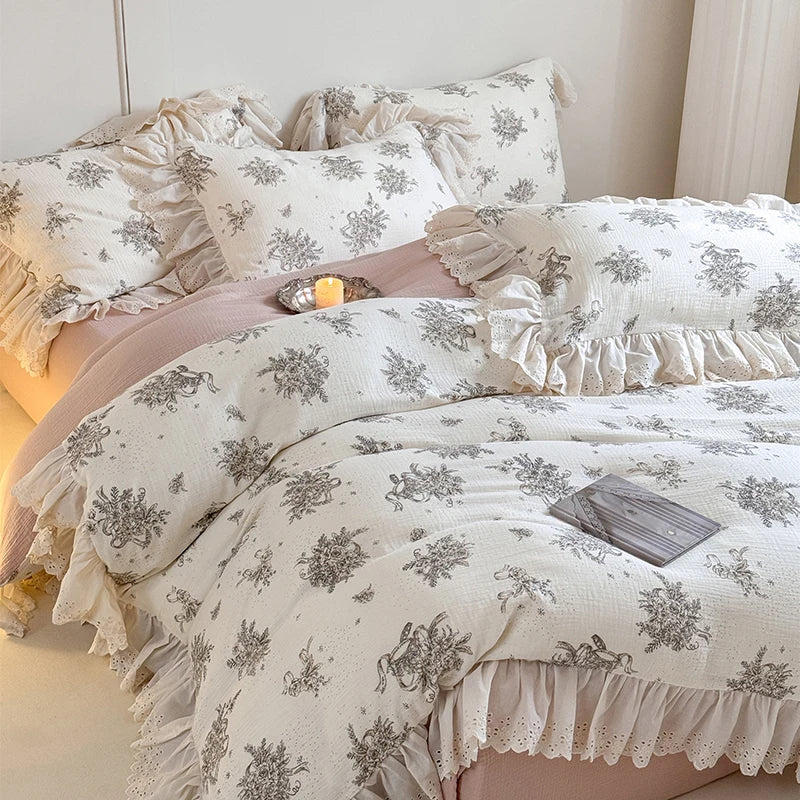 DecorBites™ French Lace Ruffles Floral 100% Cotton Bedding Set with Duvet Cover, Sheet, Pillowcases