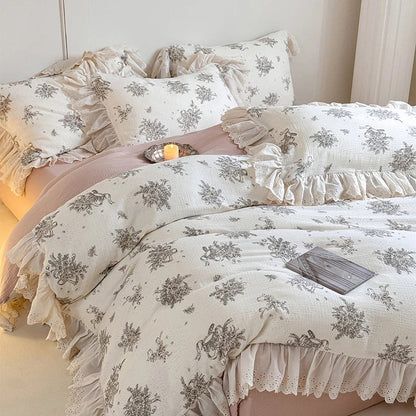 DecorBites™ French Lace Floral Ruffles Bedding Set - 100% Cotton Wrinkled Yarn 4Pcs