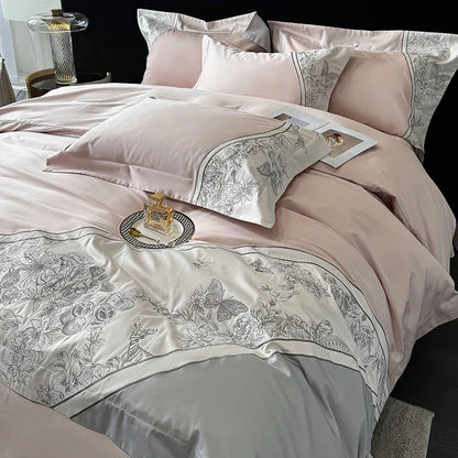 DecorBites™ Luxe Butterfly Flowers Embroidery Bedding Set with Duvet Cover Sheet Pillowcases 4Pcs