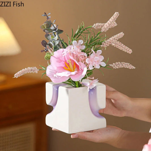 DecorBites™ Geometric Blocks Vase: Gradient Color Desk Decoration with Artificial Flowers