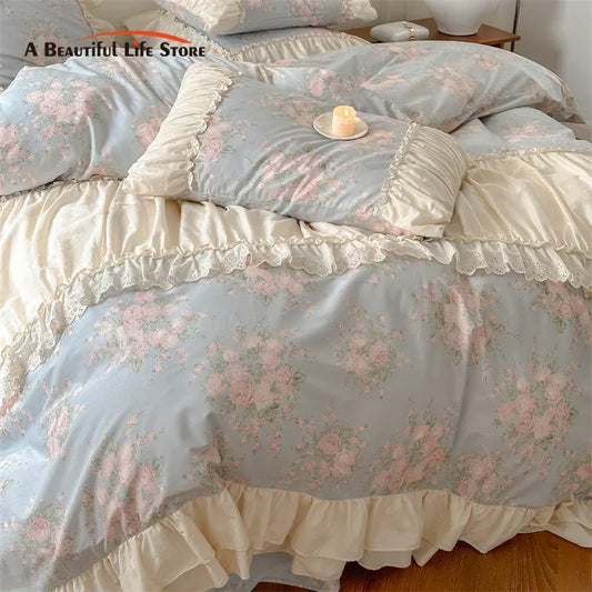 DecorBites™ French Floral Bedding Set: Vintage Country Flowers with Ruffles, Duvet Cover, Flat Sheet & Pillowcases