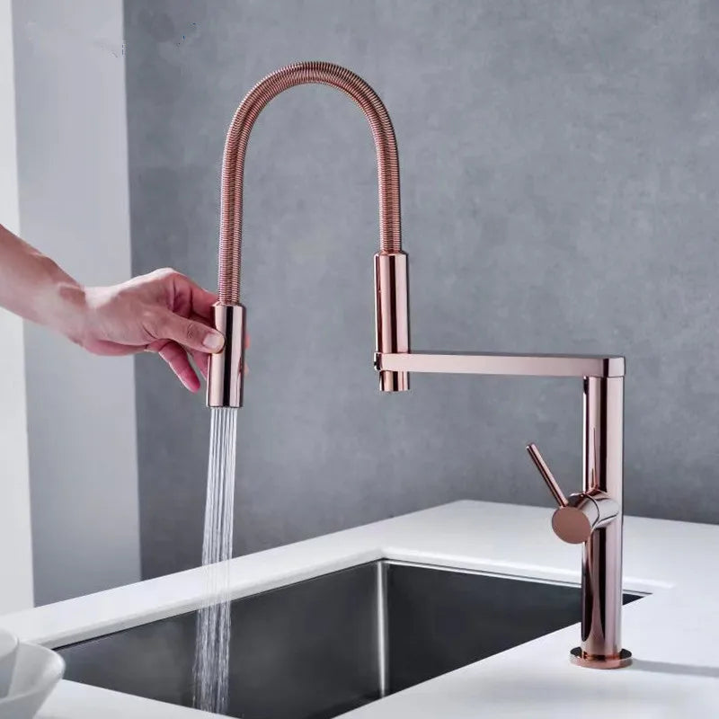 DecorBites™ Gold Brass Kitchen Faucet with Foldable Pull Down Spring Spout Mixer Tap