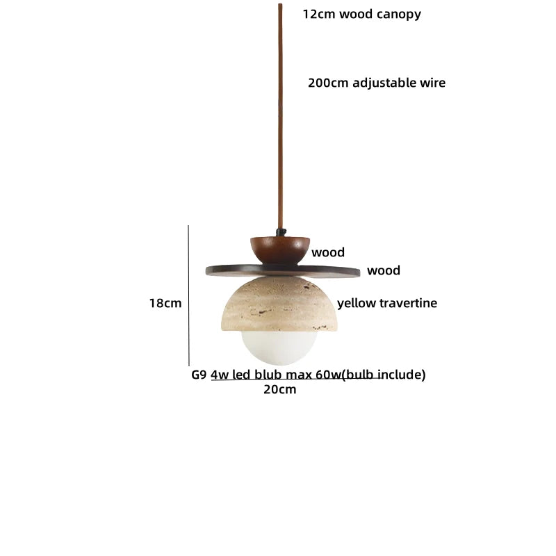 DecorBites™ LED Wood Canopy Pendant Lights Yellow Travertine Stone Hanging Lamp