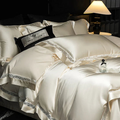 DecorBites™ Luxe Brocade & Egyptian Cotton Bedding Set with Hollow Lace Edge