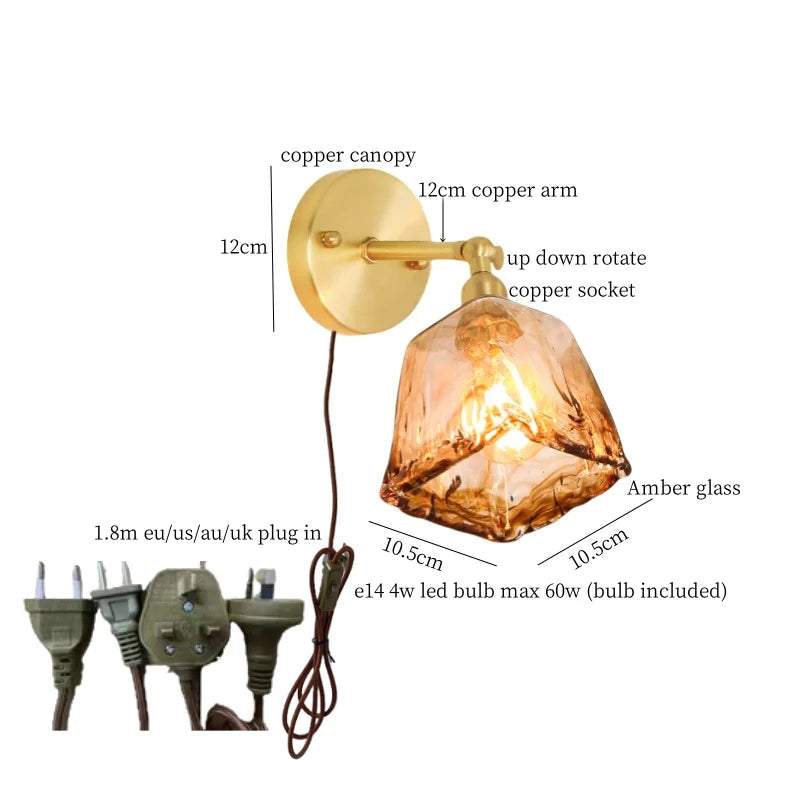 Amber Glass Wall Lamp Pull Chain Switch