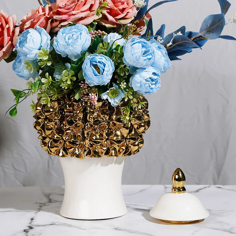 Gold Ceramic Ginger Jar With Relief Flower Design