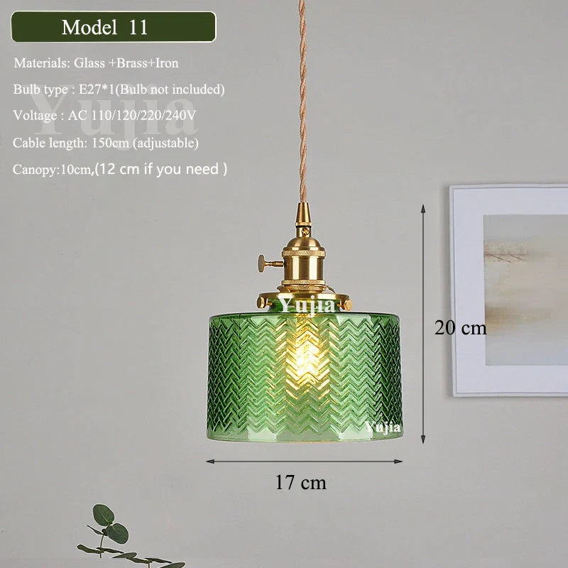 Vintage Green Glass Pendant Light With Brass Finish