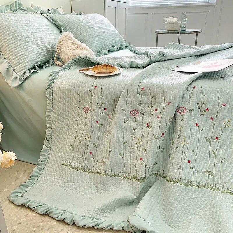DecorBites™ Fresh Flower Embroidered Summer Quilt Set - Lightweight Ruffled Comforter