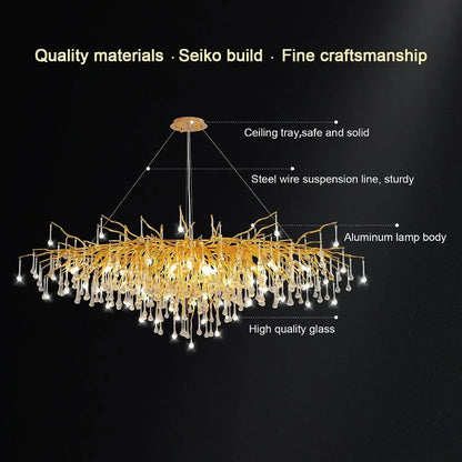 DecorBites™ Gold Nordic Crystal Chandelier - Long Branch Teardrop Design