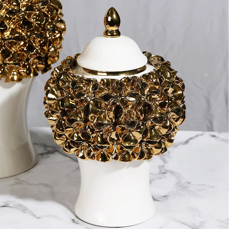 Gold Ceramic Ginger Jar With Relief Flower Design