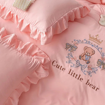DecorBites™ French Embroidered Cotton Bed Skirt Set with Ruffled Edges