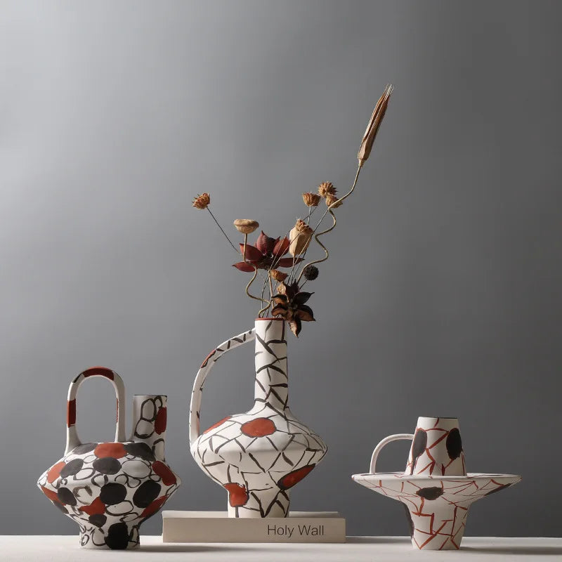 DecorBites™ Geometric Graffiti Ceramic Vase with Handles for Home Decor and Floral Arrangements.