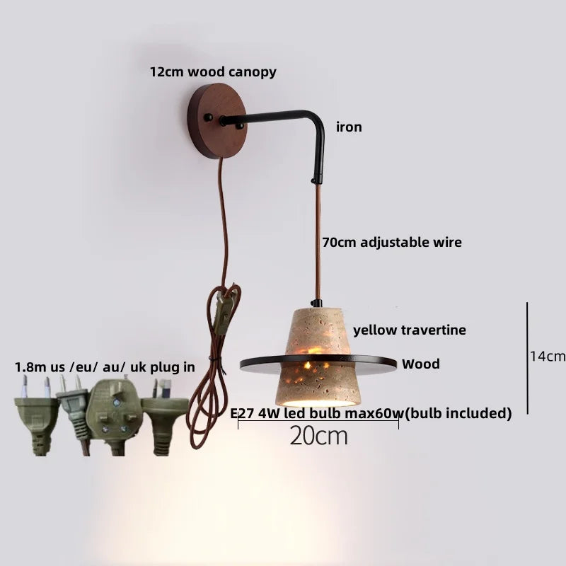 DecorBites™ LED Wall Light Fixture Yellow Travertine Stone Modern Bedside Lamp