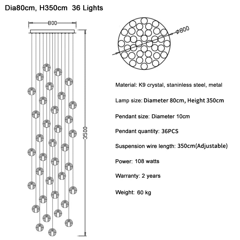 DecorBites™ Crystal Ball LED Chandelier Pendant Light for Living Room Kitchen Stair Salon