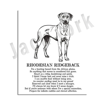 DecorBites™ Dog Breed Poster featuring Rhodesian Ridgeback, Havanese, and More