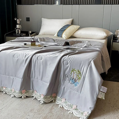 DecorBites™ Lace Edge Flowers Embroidery Cool Blanket for Bed - Machine Washable Summer Quilt