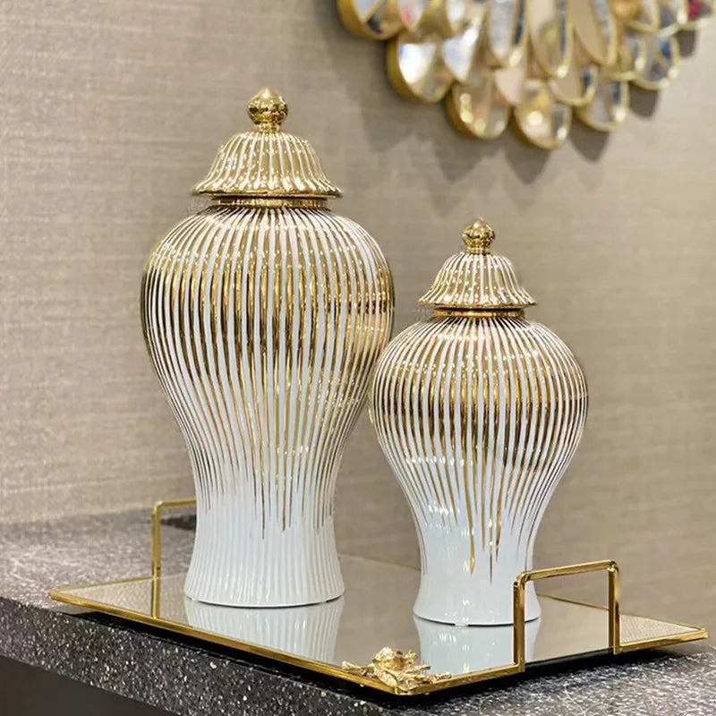 DecorBites™ Gold Striped Ceramic Jar Vase Hand-made Porcelain Home Decor Storage