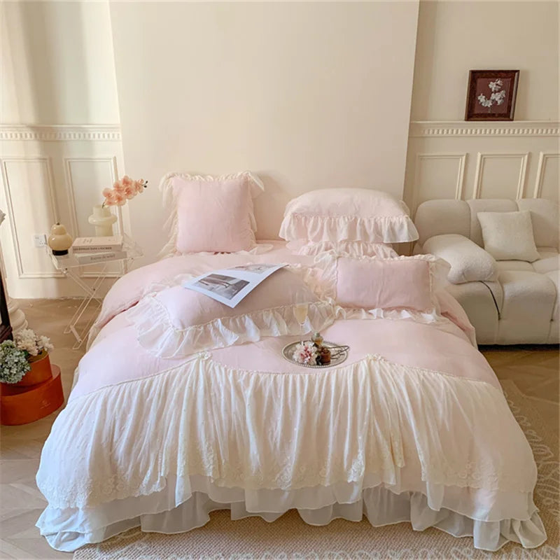 DecorBites™ French Princess Velvet Bedding Set, Queen Size with Lace Ruffles