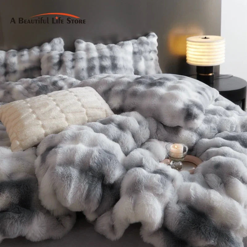 Blue Grey Faux Fur Bedding