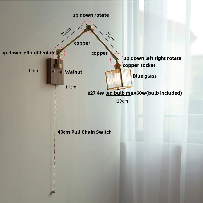 DecorBites™ LED Wall Lamp Rotatable Glass Walnut Swing Arms Hallway Stair Light