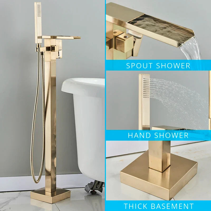 Gold Waterfall Bathtub Faucet Floor-Standing