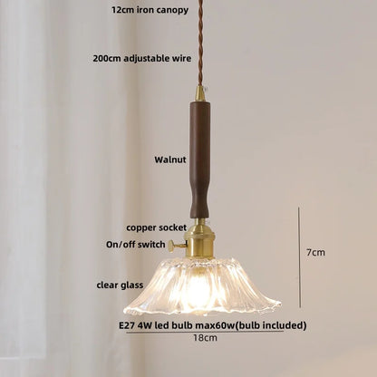 DecorBites™ Glass LED Pendant Lamp Walnut Wood Copper Switch Nordic Hanging Light